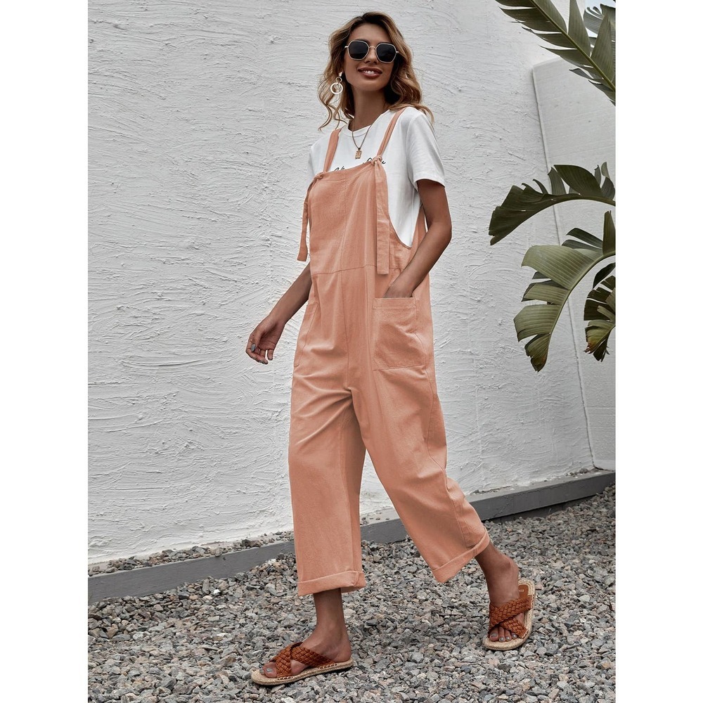 Suspender Style Overalls Wide Leg Jumpsuit with pockets boho olive green - Picture 7 of 11